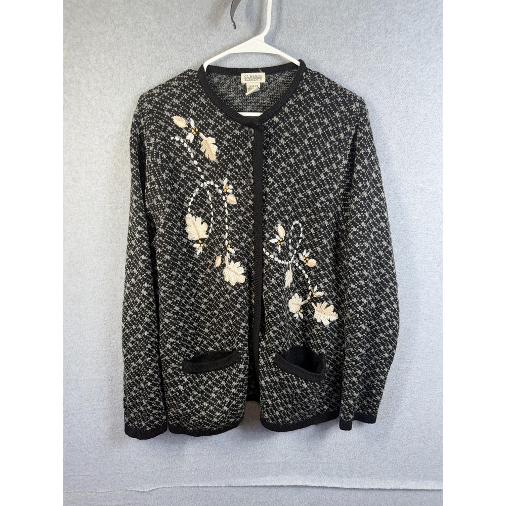 Vintage Classic Elements Cardigan Sweater Womens Large Black Embroidered 90s